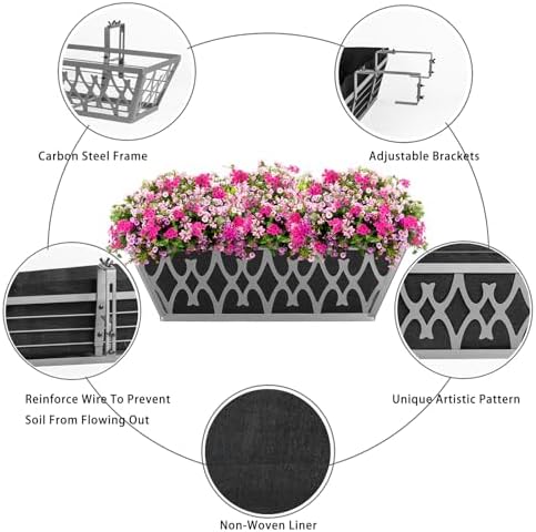 4 Pack 16 Inch Window Boxes Planters Railing Planter Box with Adjustable Brackets & Non-Woven Fabric Plant Grow Bags Deck Railing Planter Boxes Balcony Hanging Flower Box for Outdoor Plants - Image 3