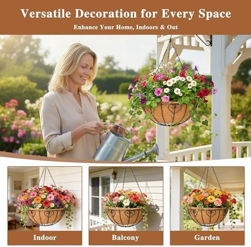4 Pack Hanging Planter for Outdoor Plants 14 inch Metal Hanging Flower Basket with Coco Coir Liner Round Wire Plant Holder Chain Flower Pots Outdoor Garden Decoration Watering Hanging Baskets（AX） - Image 2