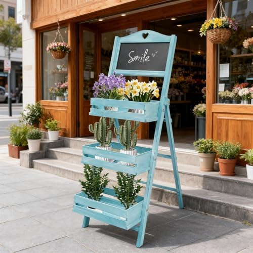 3-Tier Plant Stand, Wooden Plants Ladder Shelf Small Flower Pot Holder Display Storage Rack with Chalkboard for Garden Balcony Yard Florists (Blue) by Unknown