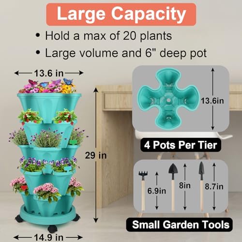 DUNCHATY Stackable Planter, Teal, 6 Tier Garden Tower, Self Watering, Indoor/Outdoor, with Garen Tool Set - Image 3