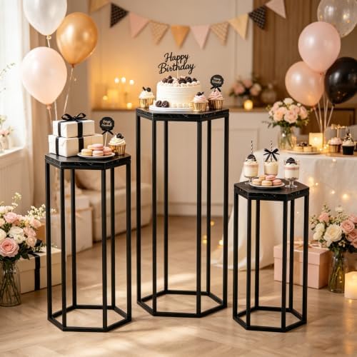 Urban Deco Set of 3 Black Hexagon Metal Cylinder Stands for Party - Image 6