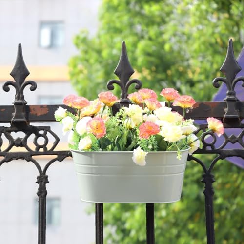 3 Pack Metal Railing Planters, 10.5" Oval Hanging Flower Pots with Detachable Hooks & Drainage Holes, Fits Rails up to 2.36", Galvanized Iron Fence Bucket for Balcony Garden Patio - Blue - Image 4