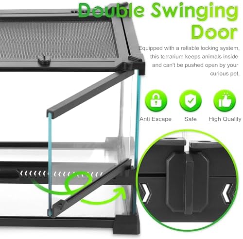 12"x8"x8" Reptile Terrarium, Double-Door Glass Terrestrial Vivarium for Burrowing Snakes Such as Hatchling Hognose Snakes, with Lock, Cable Port & Waterproof Deep Base Below Front Doors - Image 4