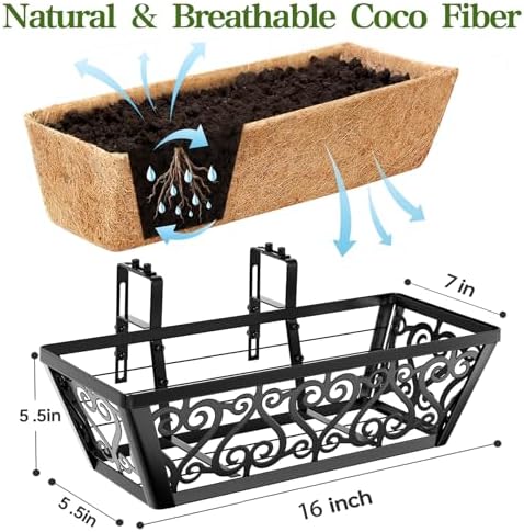 2 Pack 16 Inch Deck Railing Planter Box - Window Boxes Planters with Adjustable Brackets Coco Liners Balcony Planters Railing Hanging for Wind - Image 2