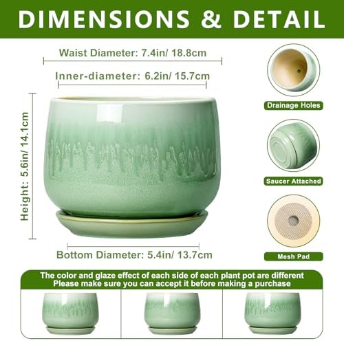 Ceramic Pots for Plants - 7 Inch Planters for Indoor Plants, Round Ceramic Plant Pot with Drainage Hole and Saucer, Decorative Planters, Rustic Home Decor, Plant Gifts for Women, Green - Image 2