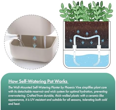 Phoenix Vine 4.5 Inch Wall Mounted Self-Watering Planter Pot for Indoor Houseplants and Herbs | Hanging Planter for Window Sills, Bathroom Walls, Home & Office Décor, Oatmeal, Set of 4, 01-B-G-4 - Image 5