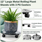 3 Packs Large Metal Plant Caddy with 3 PU Wheels 12" Heavy-Duty Wrought Iron Rolling Plant Stands Indoor Outdoor Wheeled Plant Dolly Planter Mover Rollers Plant Trolley Cart, Plant Saucers Included - Image 2