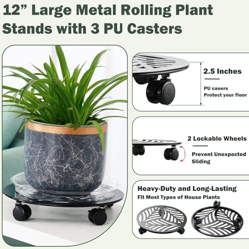 3 Packs Large Metal Plant Caddy with 3 PU Wheels 12" Heavy-Duty Wrought Iron Rolling Plant Stands Indoor Outdoor Wheeled Plant Dolly Planter Mover Rollers Plant Trolley Cart, Plant Saucers Included - Image 2