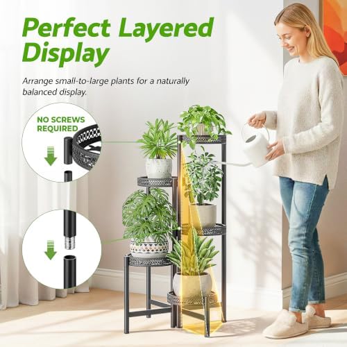 Plant Stand Indoor Outdoor, 5 Tier Corner Metal Flower Display Holder Shelf, Folding Tall Rack for Patio Balcony Porch Garden Living Room House, Heavy Duty Wrought Iron Plant Shelf- BlackWave - Image 6