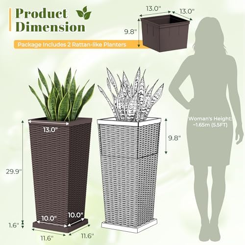 JUMMICO 30" Front Porch Resin Rattan Tall Planters 2 Pack, Inner Tray - Image 3