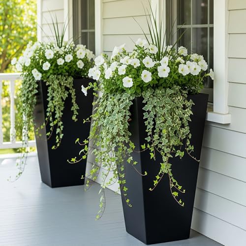Worth Garden Large 28 in.Tall Planters Set of 2 for Indoor and Outdoor, Heavy Duty Plastic Black Modern Taper Flower Plant Pots with Drainage Hole and Dual-Purpose Tray for Front Porch, Patio - Image 2