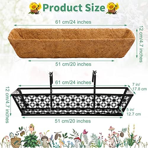 Potchen 4 Pieces Railing Planter Boxes, 24 Inches Window Box Planters with Coco Liner and Adjustable Brackets for Deck Porch Fence Patio Balcony Gardening Outdoor Plants - Image 2