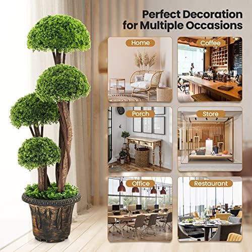 DREAMADE 3ft. Artificial Cypress Topiary Tree, Ball Shaped Faux Cedar Trees w/Retro Cement Pot, 4 Boxwood Topiary Balls, Outdoor Plants Artificial for Porch, Foyer, Garden, Front Door, Set of 2 - Image 5