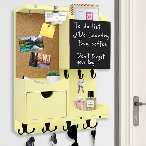 Key Holder Wall Mount with Drawer and Mail Organizer, Ivory Yellow by HEKOOLA