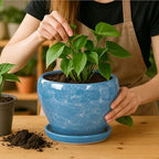 Deep Dream 8 Inch Plant Pots- Ceramic Pots for Plants with Drainage Hole and Saucer, Large Planter Pot for Indoor Plants Outdoor Decor, Gemstone Blue - Image 5