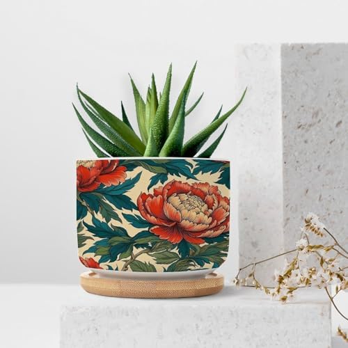 Chinoiserie Coral Peony Floral Ceramic Planter Floral Botanical Painting Planters for Indoor Plants with Drainage Holes and Saucers Pot for Indoor Outdoor Garden - Image 7