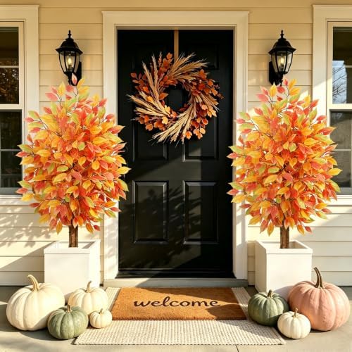 GTIDEA 2 Pcs 4 ft Artificial Autumn Ficus Tree with Pot Fall Tree for Porch - Image 3