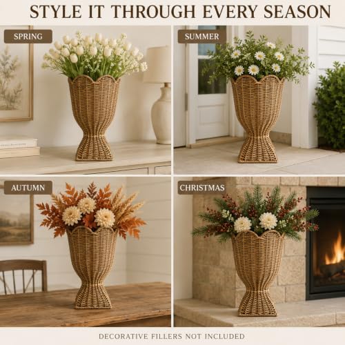 Brown Woven Rattan Urn-Style Planter with Scalloped Rim - Image 6
