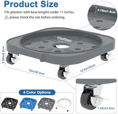 2 Pack 11'' Heavy Duty Rolling Plant Caddy with Wheels, Dark Grey - Image 4