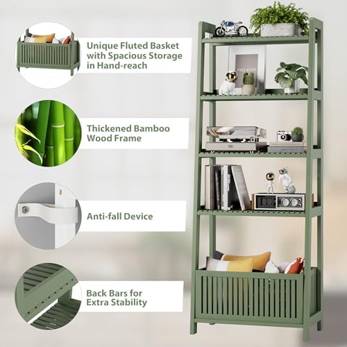 Bamjoy Bamboo Ladder Bookcase, Bookshelf with 4 Display Shelves and 1 Open Storage Basket, Storage Rack Organizer for Home Office, 66” H Forest Green - Image 6