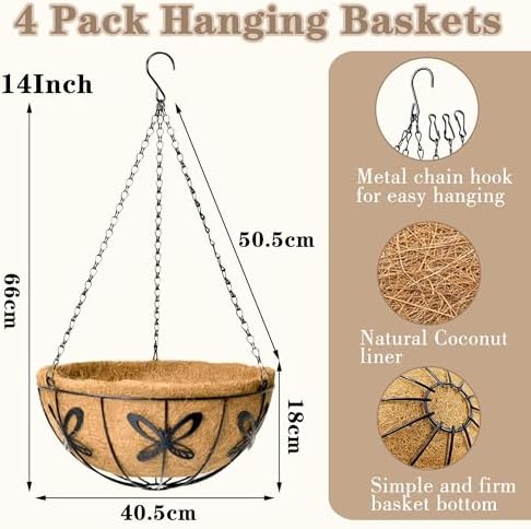 EIMQUVW Outdoor Metal Hanging Planters Basket (4pack, 14 inch) Hanging Baskets for Plants Chain Round Wire Plant Holder with Coco Fiber Liners for Garden, Patio, Deck, Porch(Butterfly) - Image 4