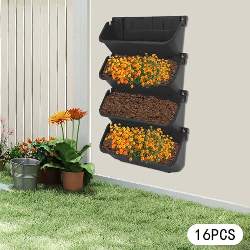 Vertical Wall Planter with 16 Pots, Hanging Garden Plant Flowerpot Holder, Stackable Wall-Mounted Planter, Balcony Planters for Flowers Vegetables Fruits (Black, 16 Pots) - Image 5
