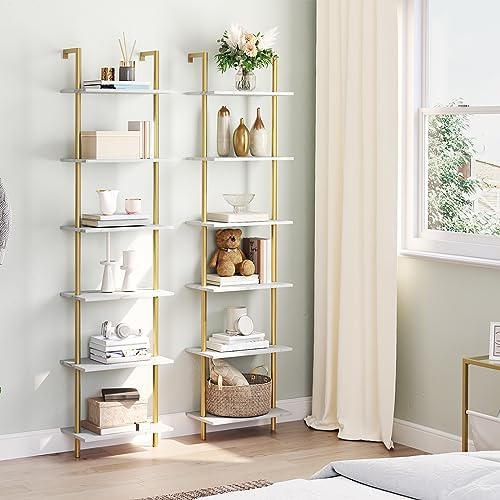HOOBRO DIY Ladder Shelf, 6-Tier Wooden Wall Mounted Bookshelf, Narrow Gold Bookcase, Display Shelf, Storage Rack, Plant Stand, for Living Room, Bedroom, Study, Balcony, Marble and Gold DM651CJ01 - Image 5