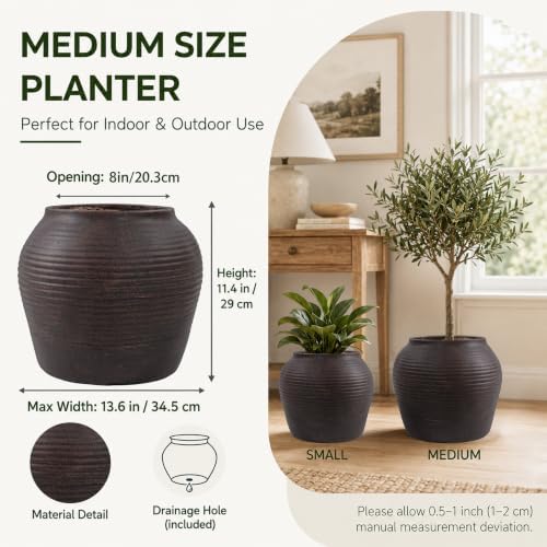 12" H x 14" Dia Vintage Black Fiberstone Planter Pot with Drainage Hole, Decorative Flower Pot for Houseplants, Small Trees & Greenery, Indoor Outdoor Patio, Porch, Entryway & Garden - Image 3