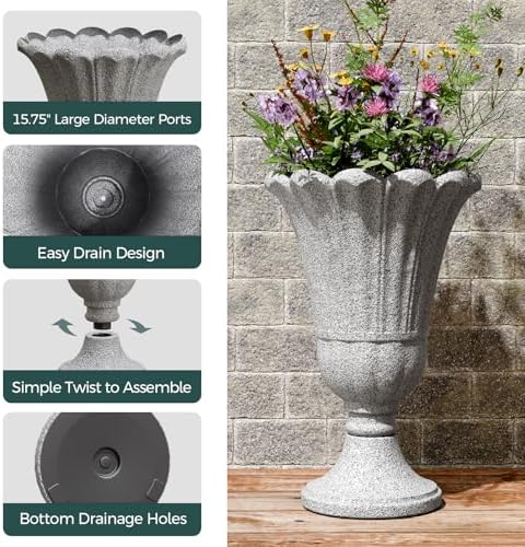 Tall Plastic Urn Planters and Pedestal - 24" Outdoor Planter Grey - Image 5