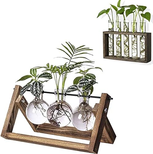 Kingbuy Retro Wooden Stand with 3 Bulb Vase + Wall Mounted 5 Glass Test Tubes Planter Plant Propagation Stations by Kingbuy
