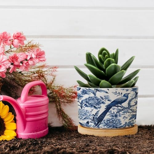 Blue Indigo Floral Chinoiserie Planter Ceramic Asian Navy Bird Round Plant Pot with Drainage Holes and Bamboo Tray Pot for Home Office Desk Garden - Image 5