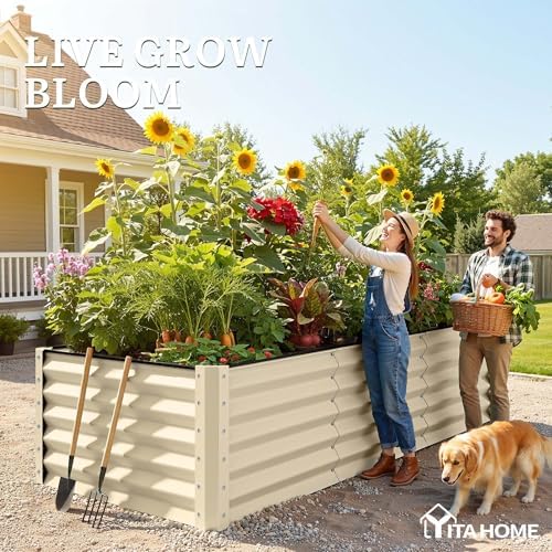YITAHOME 8x4x3ft Large Raised Garden Bed Kit, Galvanized Metal Planter Box with Gloves, Support Rod & Safety Rubber, Outdoor Above Ground Planters for Plants Vegetables Flowers, Cream Yellow - Image 3