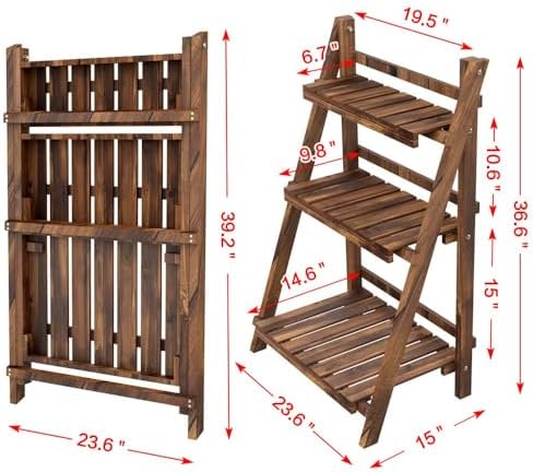Topeakmart Wooden Plant Stand, 3 Tier Foldable Ladder Plant Stand in Brown - Image 4