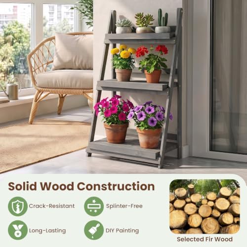 GIANTEX Foldable Wooden Plant Stand, 3-Tier Ladder Plant Shelf, Grey - Image 2
