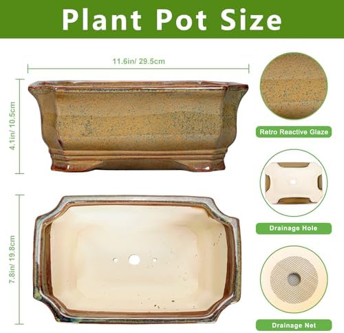 Bonsai Tree Pots 11.6 Inch - Ceramic Bonsai Planter for Succulent Plants, Succulent Pots with Drainage Hole, Large Indoor Flower Pot, Home Decor, Plant Lover Gifts, Rectangular Yellowish Brown - Image 2