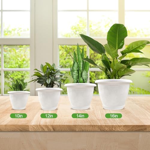 Plastic Flower Pots Planters For Indoor Plants, 4 Pack 14 Inch White Plant Pots With Drainage Hole & Tray, Modern Decorative Large Plant Pot With Saucer For Indoor Outdoor Plants Garden House Planter - Image 5