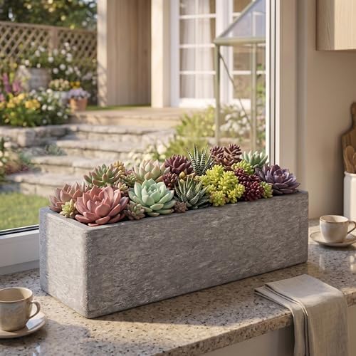 24" Rectangular Indoor Outdoor Planter, Light Gray, Windowsill Plant Box - Image 3