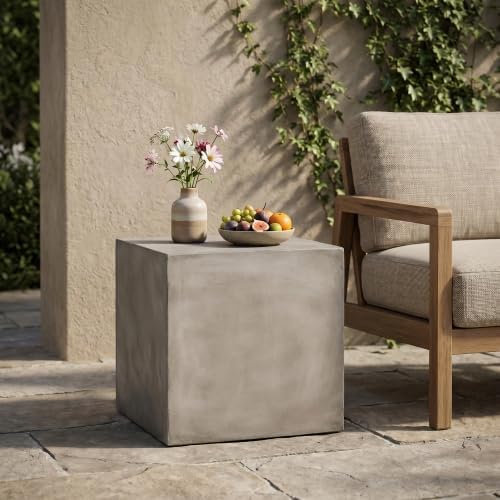 ø22'' Concrete Side Table End Table for Outdoor & Living Room, Modern Square Cube Style, Durable and Lightweight, Cement Material, No Assembly, Light Gray by JJKFurniture-kevinplus