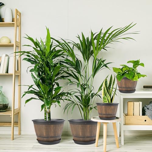 16-inch-Plant-Pots-Indoor-Outdoor, 4 Pack Large Whiskey Barrel Planters with Drainage Holes & Saucer, Plastic Flower Pots Imitation Wine Barrel Design, Decorative Garden Pots for Plants - Image 2