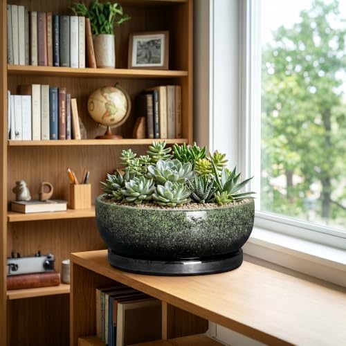 Bonsai Tree Pots 13 Inch, Ceramic Succulent Pots, Speckle Green - Image 4