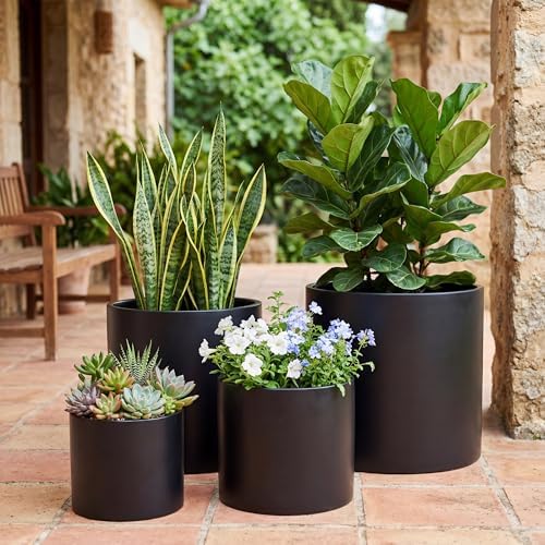 FaithLand 8 Inch Fiberstone Planter - Lightweight Modern Cylinder Plant Pot with Drainage Hole & Plug, Indoor Outdoor Use, Matte Black - Image 6