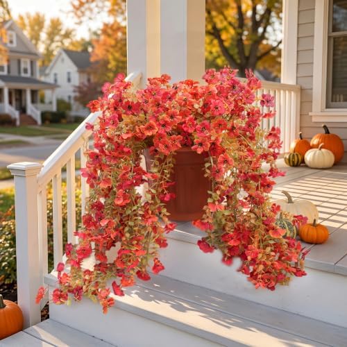 Artificial Fake Hanging Flowers for Fall Outdoors Decor 2 Pack UV Resistant Faux Hanging Plants, Waterproof Realistic Artificial Flowers for Autumn Porch, Balcony, Fence & Planters (Red-orange) by WelcometoUJROQI
