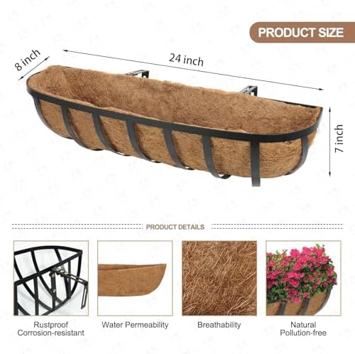 Window Boxes Planters Railing Planter Box with Adjustable Brackets for Porch Fence Patio Balcony Hanging Flower Baskets with Coco Liners for Outdoor Garden Décor (24 Inch / 2 Packs) - Image 2
