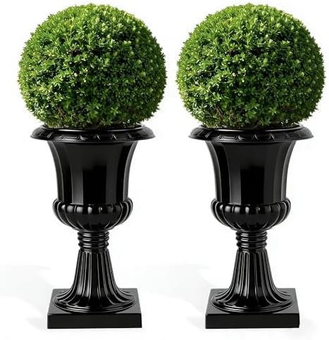 2PCS Plastic Urn Planter, Large Flower Urn for Outdoor Patio, Modern Garden Pot with Drainage Hole, Decorative White Vase for Front Porch, 19 Inch (Black 2) by Tacarlha