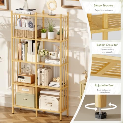 5 Tier Book Shelf, Tall Bamboo Bookcase, Wide Bookshelf with 10 Open Display Shelves Storage Organizer, Adjustable Bookshelves Standing Shelf Units for Bedroom, Living Room, Home Office - Image 4