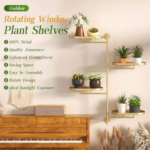 YQSLYSF Window Rotating Plant Stand Shelf Indoor Gold Metal Floating Shelves 4-Tier Wall Mount Plant hanger Holders for Wall Planter Modern Home Decor window sill gifts - Image 3