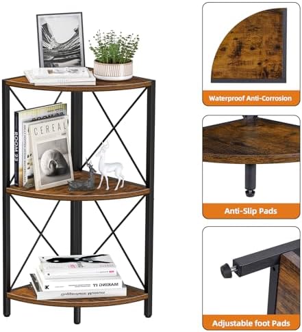 Snughome Corner Shelf with Metal Frame, 3 Tier Rustic Corner Storage Organizer, Freestanding Corner Bookshelf Stand Display Rack for Kitchen, Living Room - Image 5