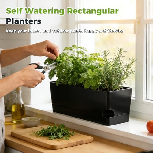 Self Watering Pots for Indoor Plants 17 Inches Window Boxes Planters Rectangular Flower Pots Rectangle Herb Pots Large Plant Pots with Drainage Holes and Saucers Windowsill Planter (2, Black) - Image 2