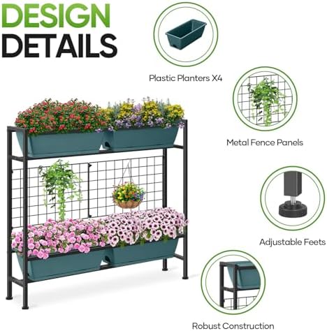 CADUKE Raised Planter Box with Legs, 32" Elevated Vegetable Garden Beds, Raised Garden Bed with Drainage Holes & Trellis, Herb Garden Planter Outdoor for Vegetables, Balcony, Patio, Green - Image 3