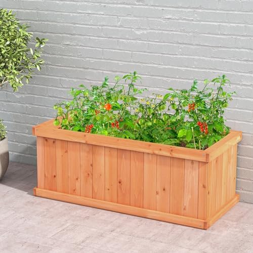 GIANTEX Raised Garden Bed, 31”x14”x12” Wooden Planter Box with 4 Drainage Holes & Detachable Bottom Panels, Elevated Flower Bed, Rectangular Plant Container for Vegetables, Herbs & Fruits, Orange - Image 3
